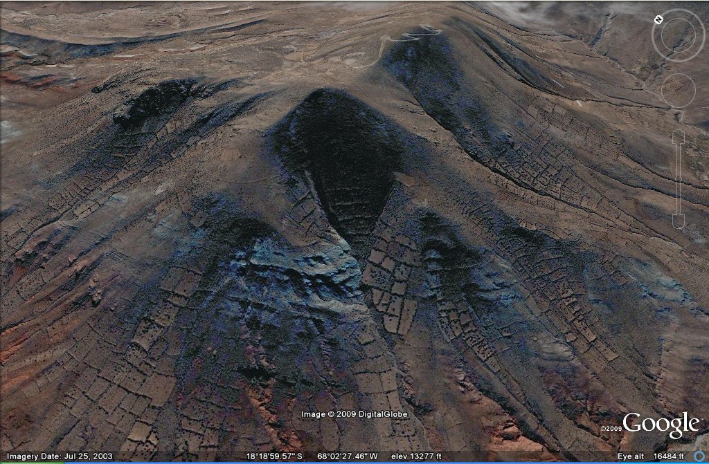 fields on mountainside oblique view near Turco Carangas Lake Poopo zone